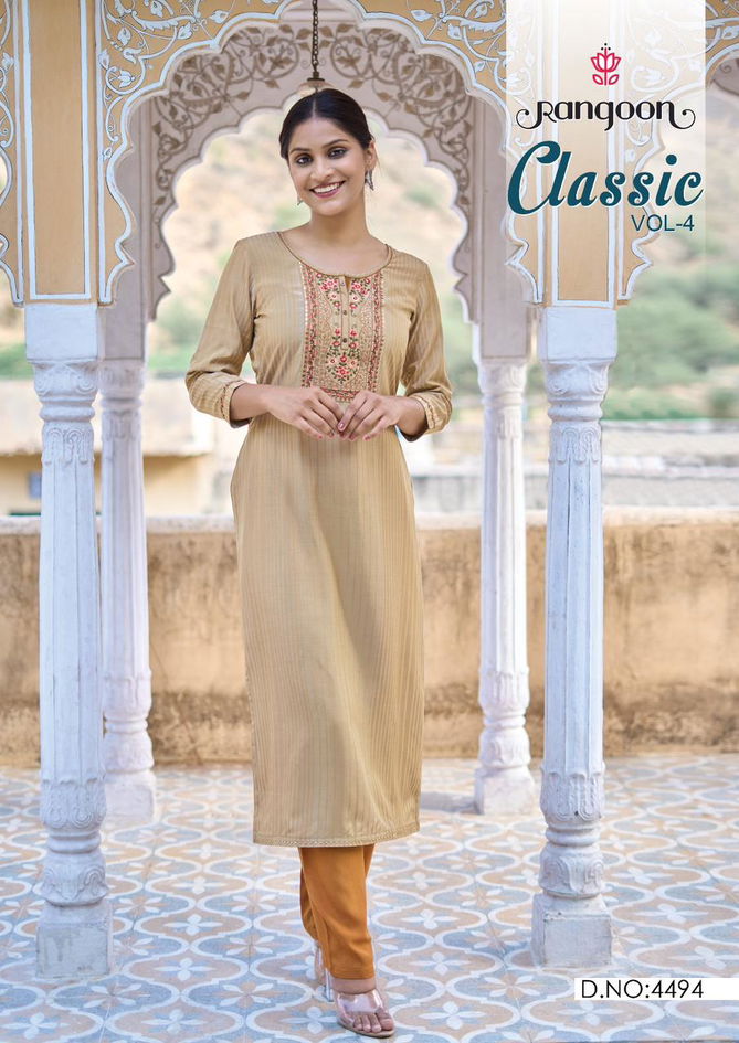 Classic Vol 4 By Rangoon lining Silk Embroidery Kurtis Wholesale Price In Surat